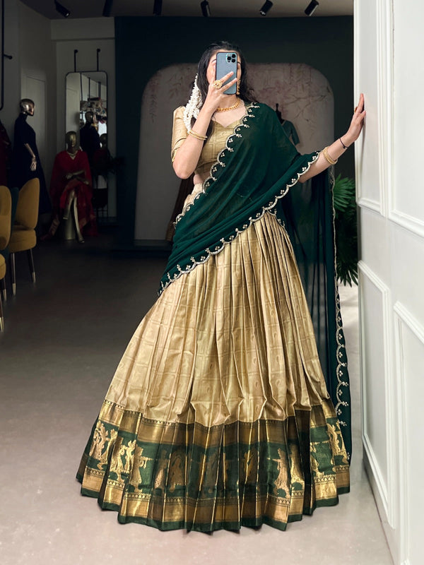 Cream Traditional Poly Cotton Lehenga with Zari Weaving Work & Georgette Embroidered Dupatta – Stitched Lehenga with Unstitched Blouse Clothsvilla