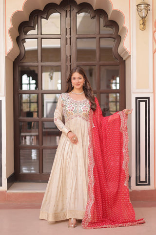 Cream Trending Cosmos Jacquard Gown with Bandhani Cut-Work Dupatta  Pearl Beads Embroidery Full-Stitched Elegance Clothsvilla