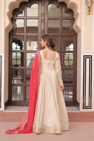 Cream Trending Cosmos Jacquard Gown with Bandhani Cut-Work Dupatta  Pearl Beads Embroidery Full-Stitched Elegance Clothsvilla