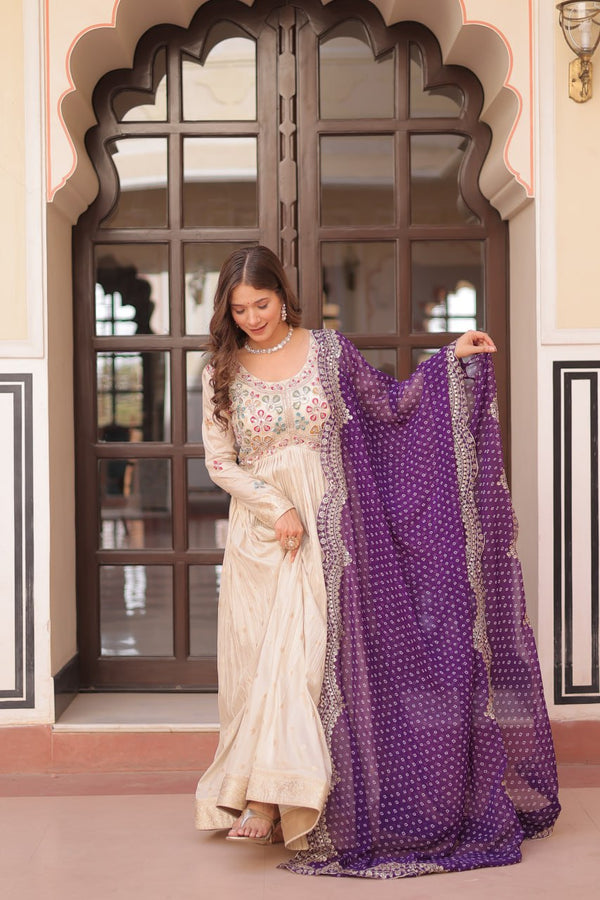 Cream Trending Cosmos Jacquard Gown with Bandhani Cut-Work Dupatta  Pearl Beads Embroidery Full-Stitched Elegance Clothsvilla