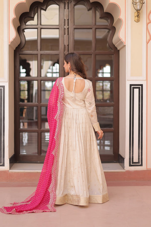 Cream Trending Cosmos Jacquard Gown with Bandhani Cut-Work Dupatta  Pearl Beads Embroidery Full-Stitched Elegance Clothsvilla