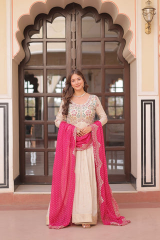 Cream Trending Cosmos Jacquard Gown with Bandhani Cut-Work Dupatta  Pearl Beads Embroidery Full-Stitched Elegance Clothsvilla