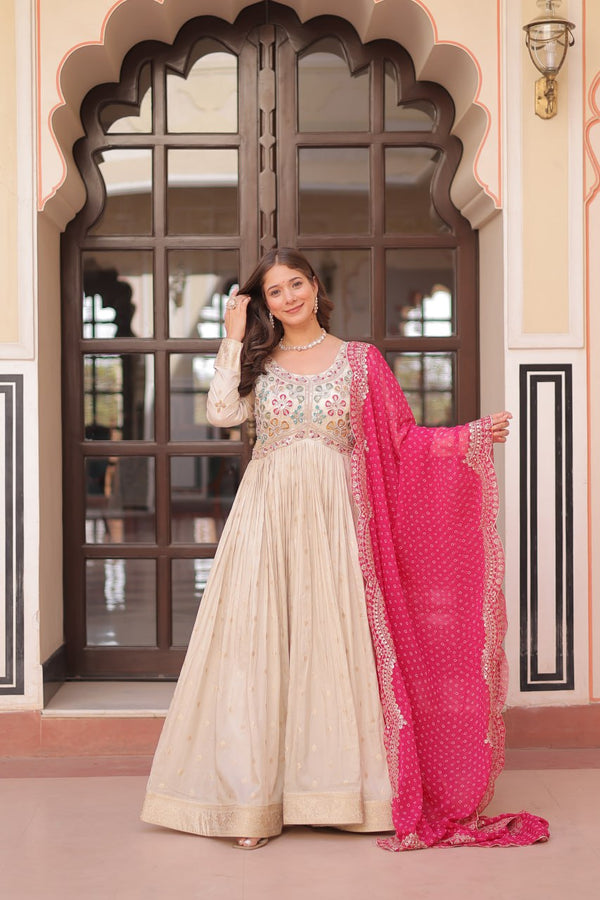 Cream Trending Cosmos Jacquard Gown with Bandhani Cut-Work Dupatta  Pearl Beads Embroidery Full-Stitched Elegance Clothsvilla
