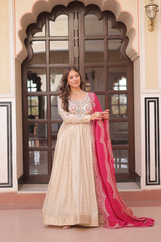 Cream Trending Cosmos Jacquard Gown with Bandhani Cut-Work Dupatta  Pearl Beads Embroidery Full-Stitched Elegance Clothsvilla