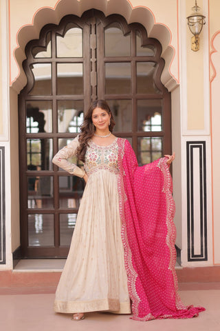 Cream Trending Cosmos Jacquard Gown with Bandhani Cut-Work Dupatta  Pearl Beads Embroidery Full-Stitched Elegance Clothsvilla
