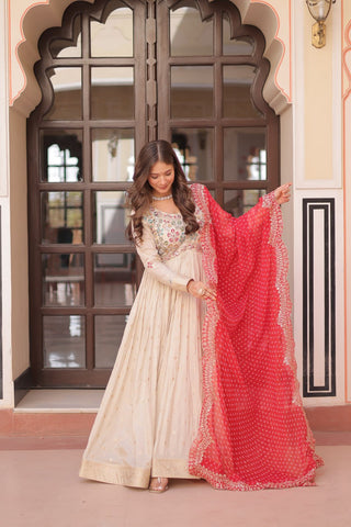 Cream Trending Cosmos Jacquard Gown with Bandhani Cut-Work Dupatta  Pearl Beads Embroidery Full-Stitched Elegance Clothsvilla