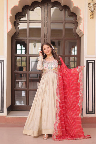 Cream Trending Cosmos Jacquard Gown with Bandhani Cut-Work Dupatta  Pearl Beads Embroidery Full-Stitched Elegance Clothsvilla