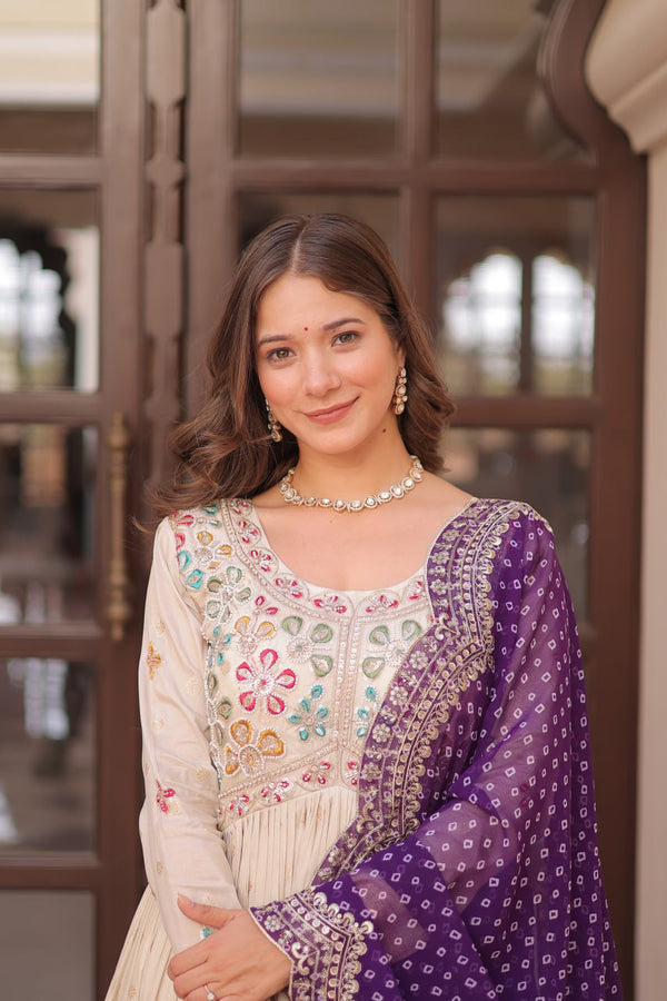 Cream Trending Cosmos Jacquard Gown with Bandhani Cut-Work Dupatta  Pearl Beads Embroidery Full-Stitched Elegance Clothsvilla