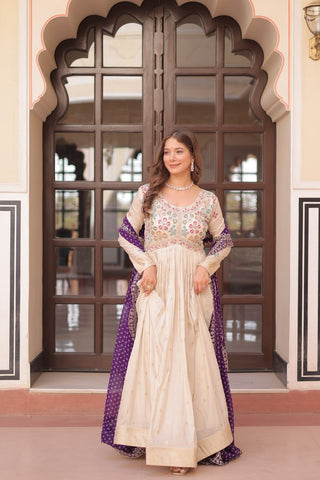 Cream Trending Cosmos Jacquard Gown with Bandhani Cut-Work Dupatta  Pearl Beads Embroidery Full-Stitched Elegance Clothsvilla