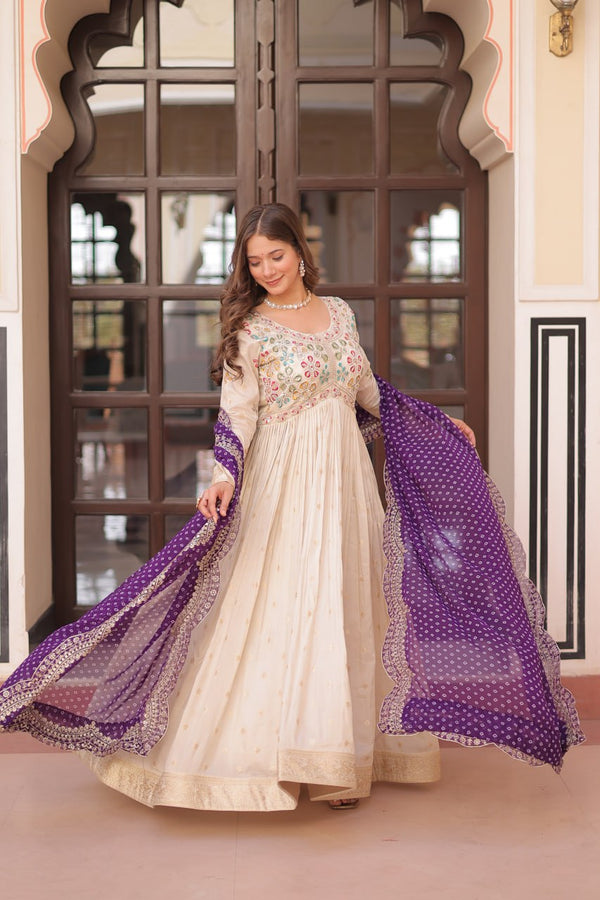 Cream Trending Cosmos Jacquard Gown with Bandhani Cut-Work Dupatta  Pearl Beads Embroidery Full-Stitched Elegance Clothsvilla