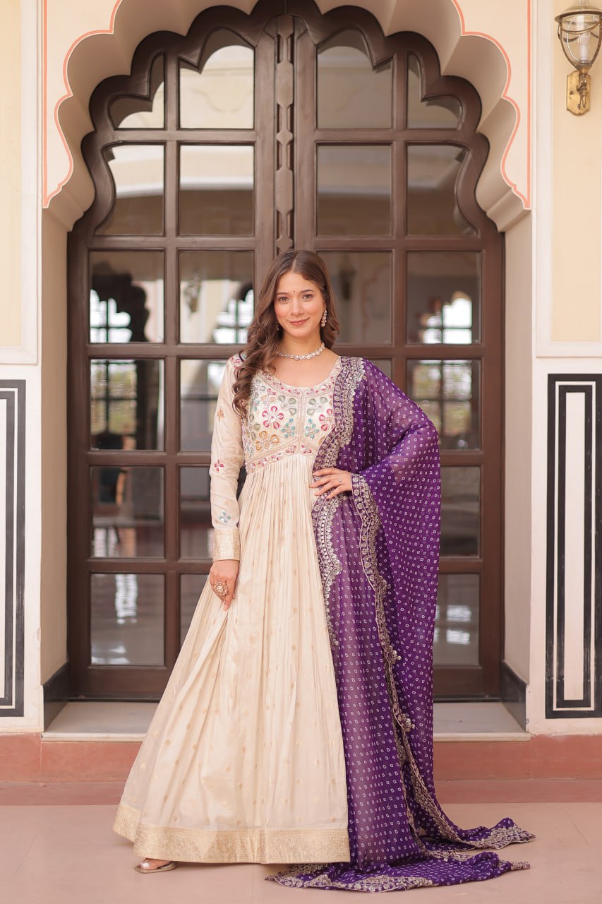 Cream Trending Cosmos Jacquard Gown with Bandhani Cut-Work Dupatta  Pearl Beads Embroidery Full-Stitched Elegance Secondary image