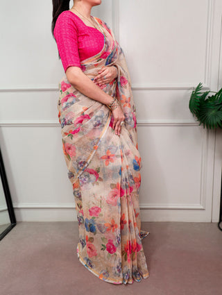 Cream Trendy Floral Ethnic Saree ClothsVilla