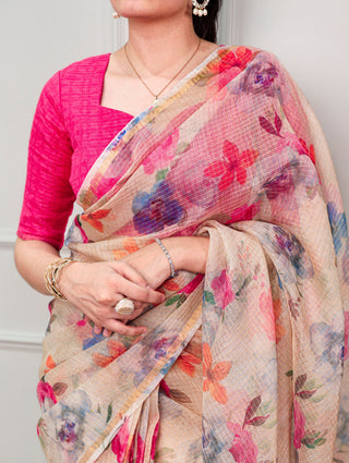 Cream Trendy Floral Ethnic Saree ClothsVilla