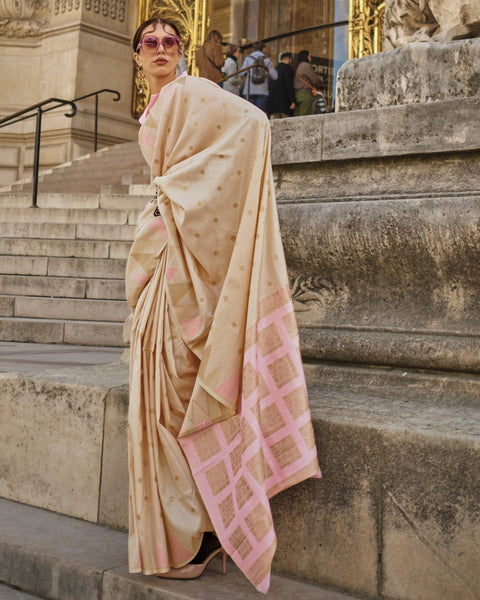 Cream Women's Banarasi Silk Blend Saree with Unstitched Blouse Piece ClothsVilla Main image