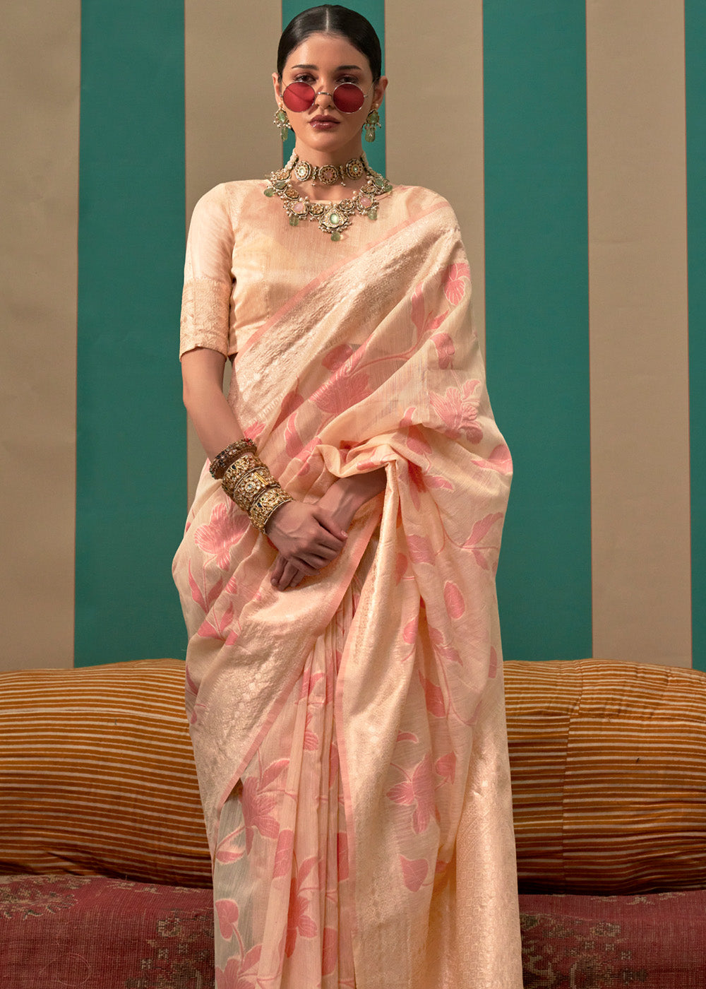 Cream Woven Cotton Silk Blend Linen Saree with Unstitched Blouse ClothsVilla