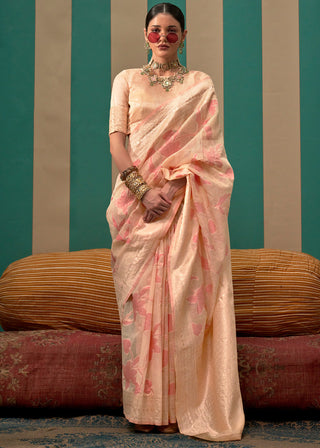 Cream Woven Cotton Silk Blend Linen Saree with Unstitched Blouse ClothsVilla