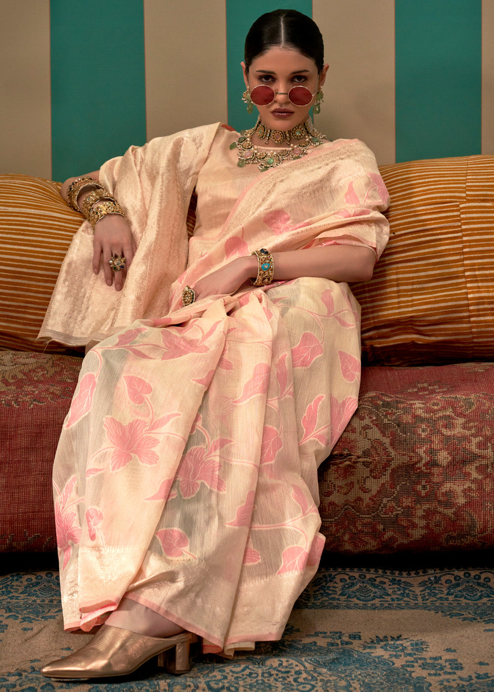 Cream Woven Cotton Silk Blend Linen Saree with Unstitched Blouse ClothsVilla