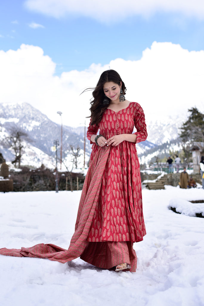 Crimson Dream: Pure Maslin Embroidered Suit Set ClothsVilla