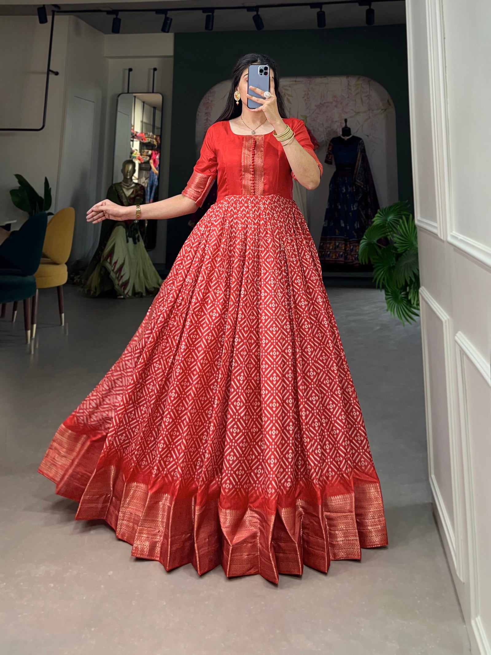 Crimson Red Dola Silk Printed Gown - Embrace Elegance and Comfort ClothsVilla