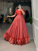Load image into Gallery viewer, Crimson Red Dola Silk Printed Gown - Embrace Elegance and Comfort ClothsVilla
