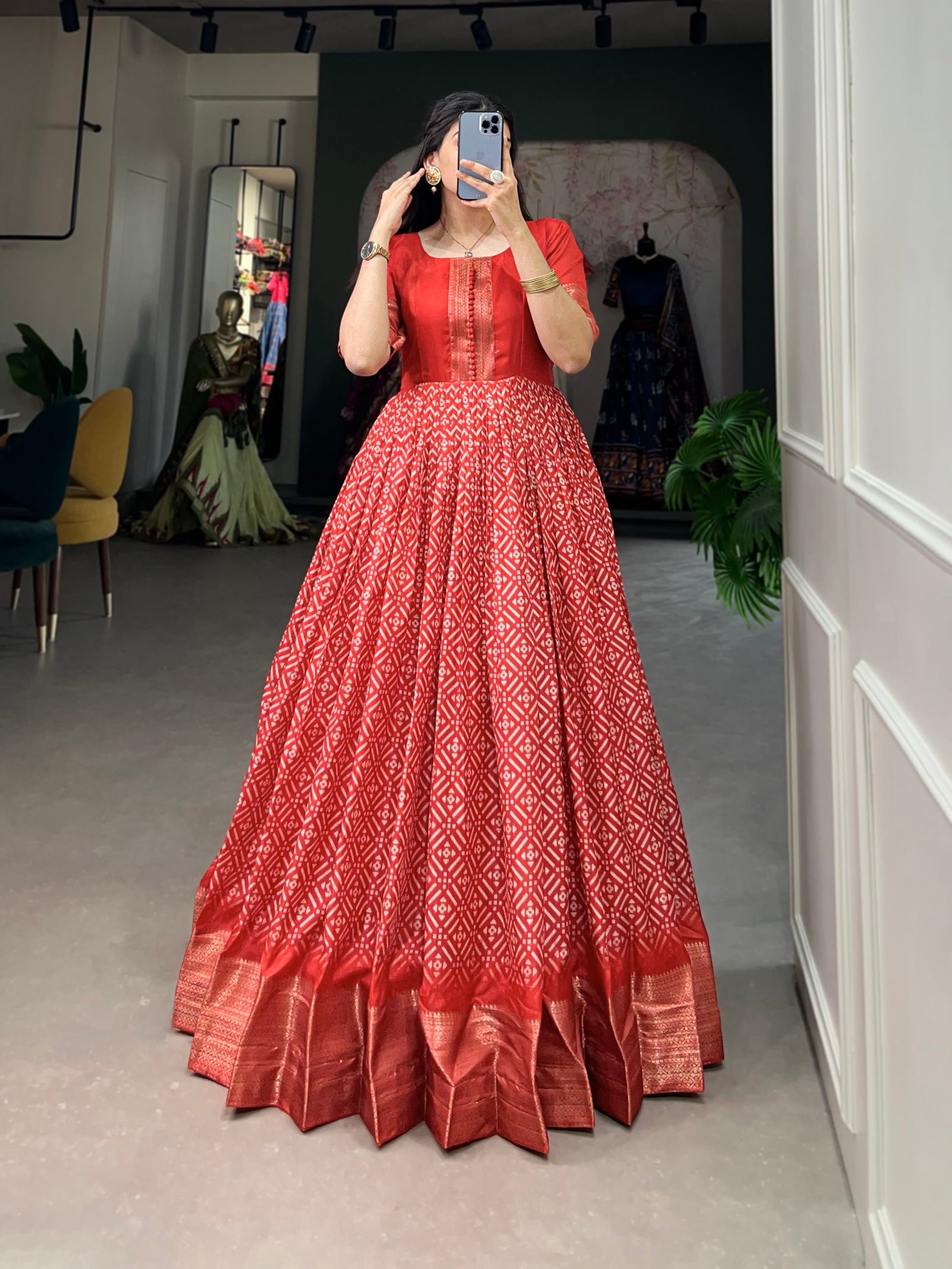 Crimson Red Dola Silk Printed Gown - Embrace Elegance and Comfort ClothsVilla