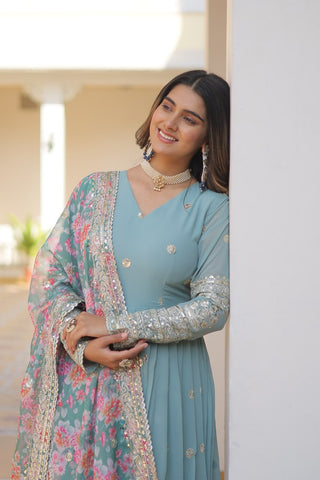 Cyan Grey Exquisite Premium Designer Faux Georgette Gown with Embroidered Zari Sequins and Tabby Silk Dupatta ClothsVilla