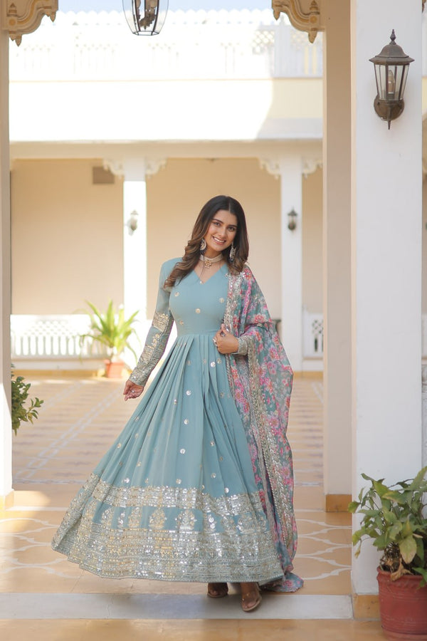 Cyan Grey Exquisite Premium Designer Faux Georgette Gown with Embroidered Zari Sequins and Tabby Silk Dupatta ClothsVilla