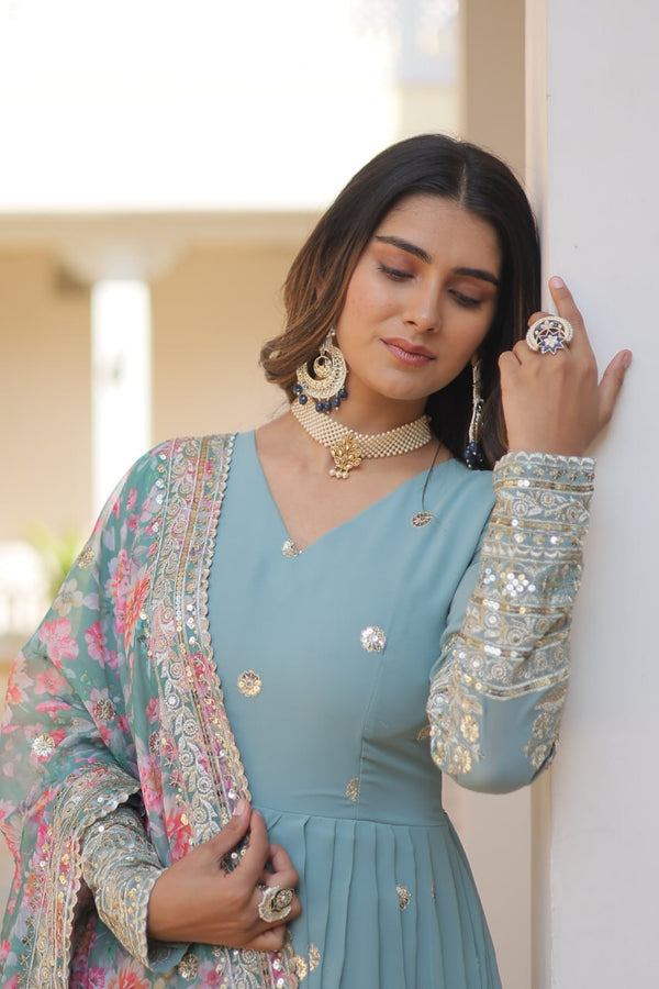 Cyan Grey Exquisite Premium Designer Faux Georgette Gown with Embroidered Zari Sequins and Tabby Silk Dupatta ClothsVilla