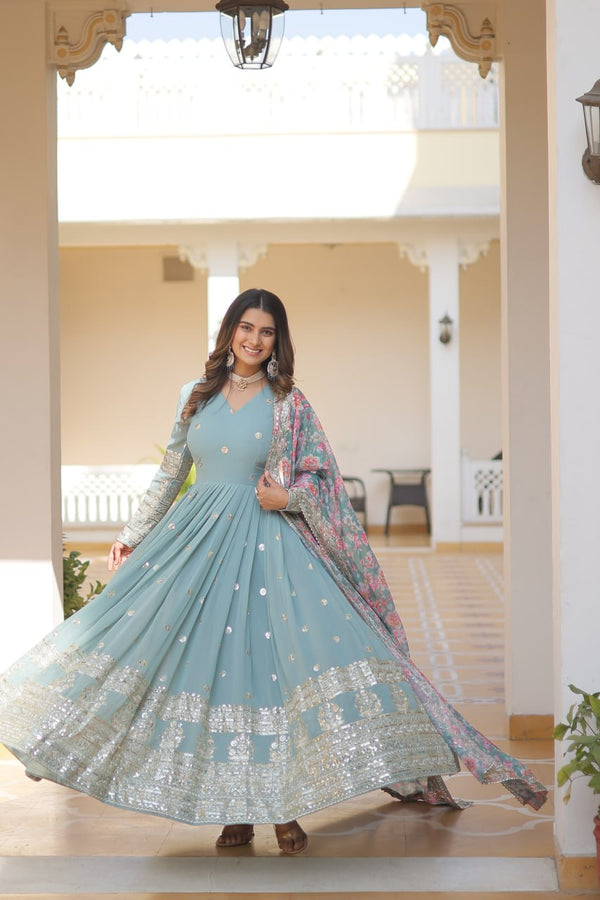 Cyan Grey Exquisite Premium Designer Faux Georgette Gown with Embroidered Zari Sequins and Tabby Silk Dupatta ClothsVilla