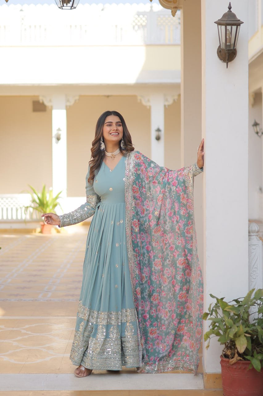Cyan Grey Exquisite Premium Designer Faux Georgette Gown with Embroidered Zari Sequins and Tabby Silk Dupatta ClothsVilla