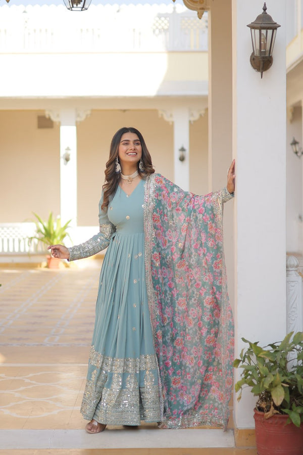 Cyan Grey Exquisite Premium Designer Faux Georgette Gown with Embroidered Zari Sequins and Tabby Silk Dupatta ClothsVilla