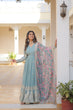 Load image into Gallery viewer, Cyan Grey Exquisite Premium Designer Faux Georgette Gown with Embroidered Zari Sequins and Tabby Silk Dupatta ClothsVilla