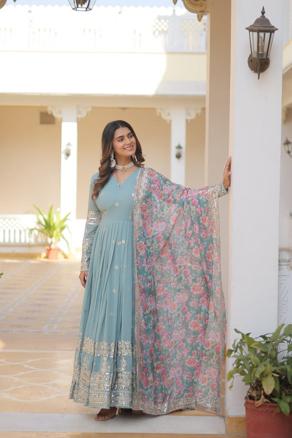 Cyan Grey Exquisite Premium Designer Faux Georgette Gown with Embroidered Zari Sequins and Tabby Silk Dupatta ClothsVilla