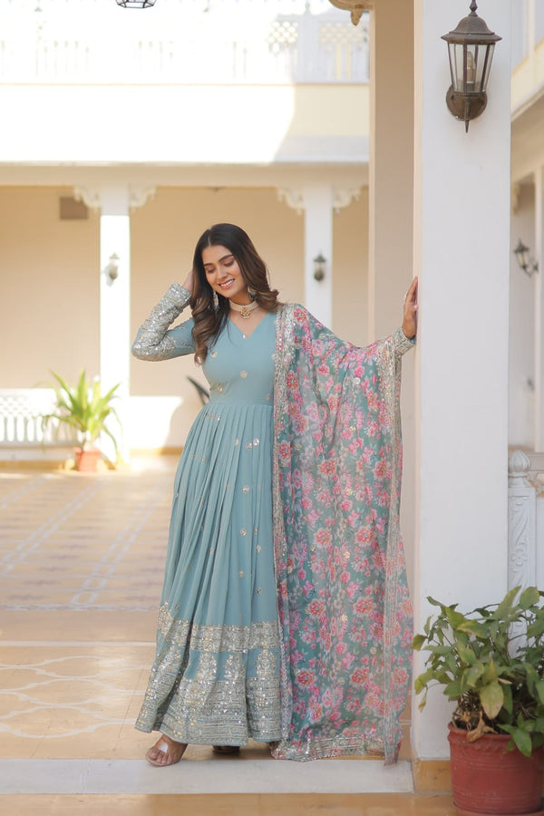 Cyan Grey Exquisite Premium Designer Faux Georgette Gown with Embroidered Zari Sequins and Tabby Silk Dupatta ClothsVilla