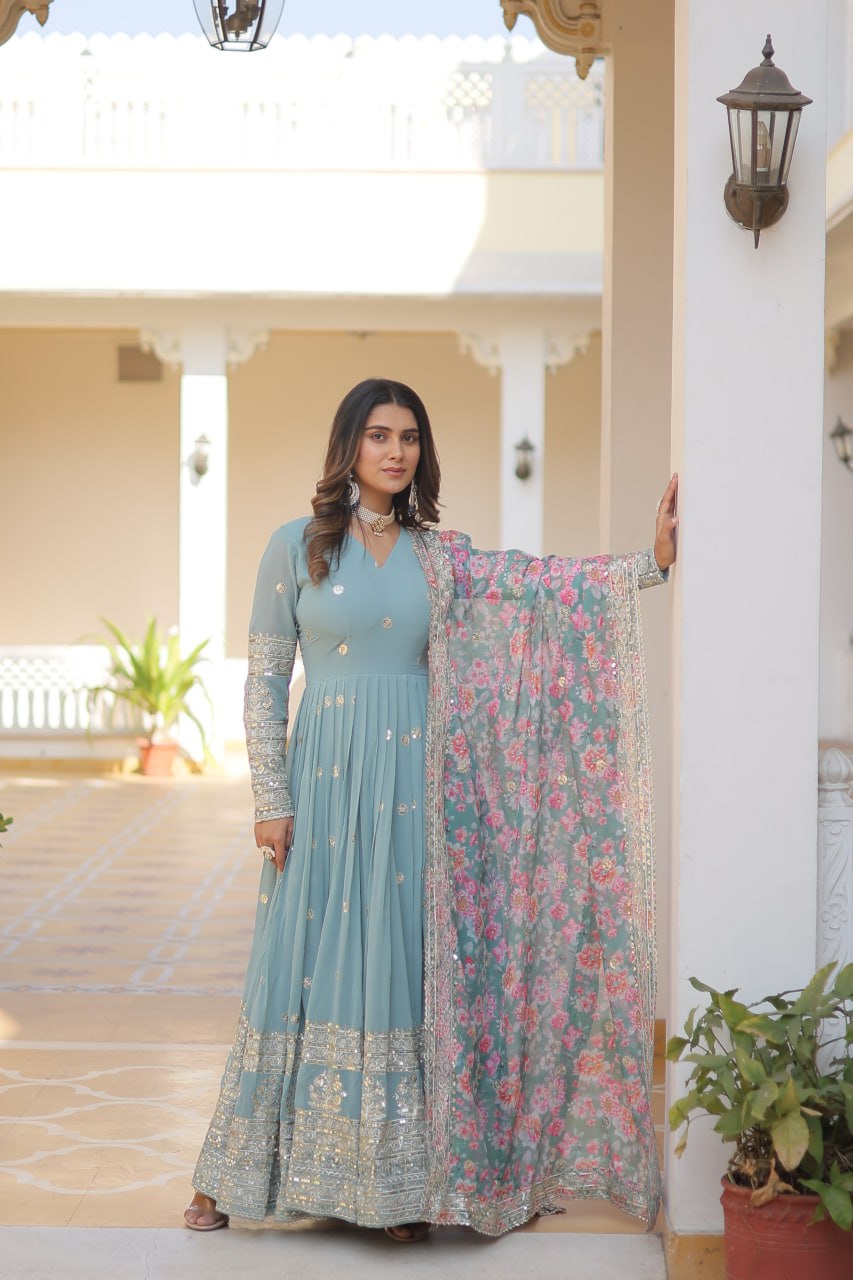 Cyan Grey Exquisite Premium Designer Faux Georgette Gown with Embroidered Zari Sequins and Tabby Silk Dupatta ClothsVilla