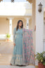 Cyan Grey Exquisite Premium Designer Faux Georgette Gown with Embroidered Zari Sequins and Tabby Silk Dupatta ClothsVilla