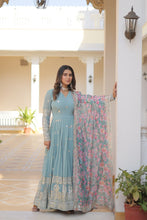 Load image into Gallery viewer, Cyan Grey Exquisite Premium Designer Faux Georgette Gown with Embroidered Zari Sequins and Tabby Silk Dupatta ClothsVilla
