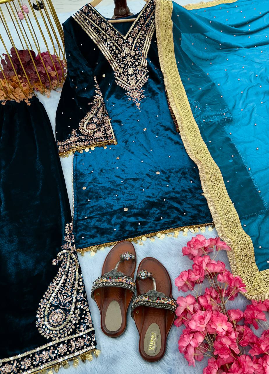 Cyan Heavy Pure Viscose Velvet Top with Plazzo & Dupatta Set - Embroidery, Sequence Work, and Rivet Moti Accents ClothsVilla