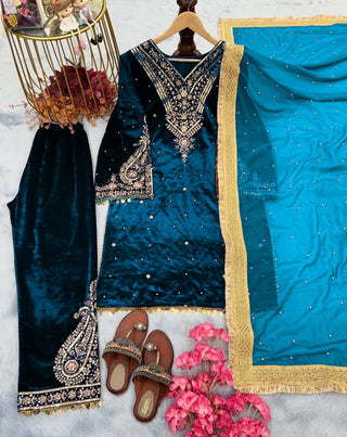 Cyan Heavy Pure Viscose Velvet Top with Plazzo & Dupatta Set - Embroidery, Sequence Work, and Rivet Moti Accents ClothsVilla