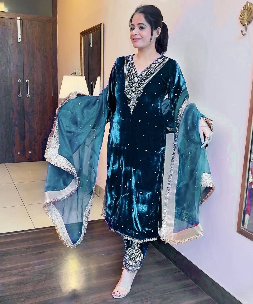 Cyan Heavy Pure Viscose Velvet Top with Plazzo & Dupatta Set - Embroidery, Sequence Work, and Rivet Moti Accents Secondary image