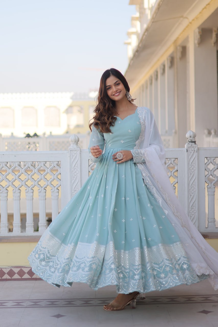 Cyan Luxe Thread & Sequins Embroidered Designer Gown with Russian Silk Dupatta ClothsVilla