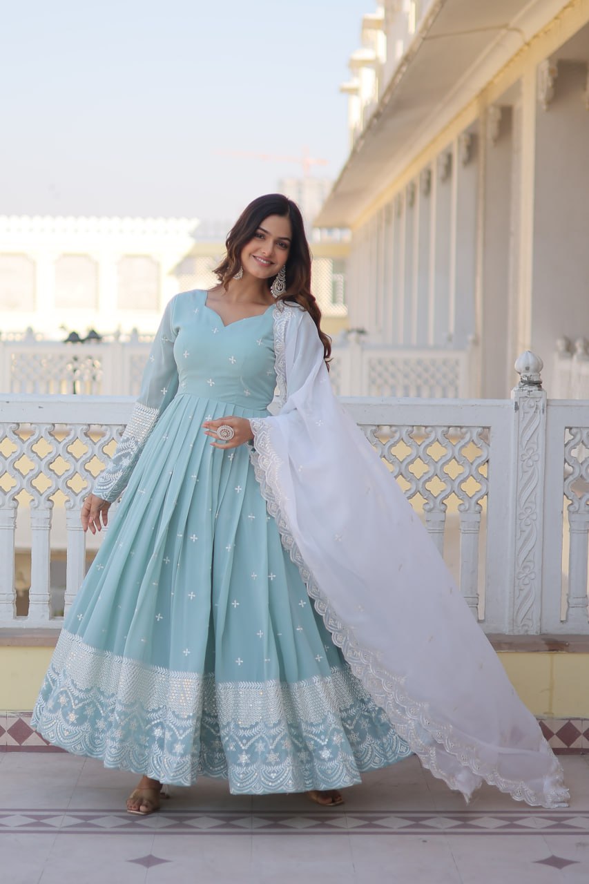 Cyan Luxe Thread & Sequins Embroidered Designer Gown with Russian Silk Dupatta ClothsVilla