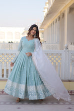 Load image into Gallery viewer, Cyan Luxe Thread &amp; Sequins Embroidered Designer Gown with Russian Silk Dupatta ClothsVilla