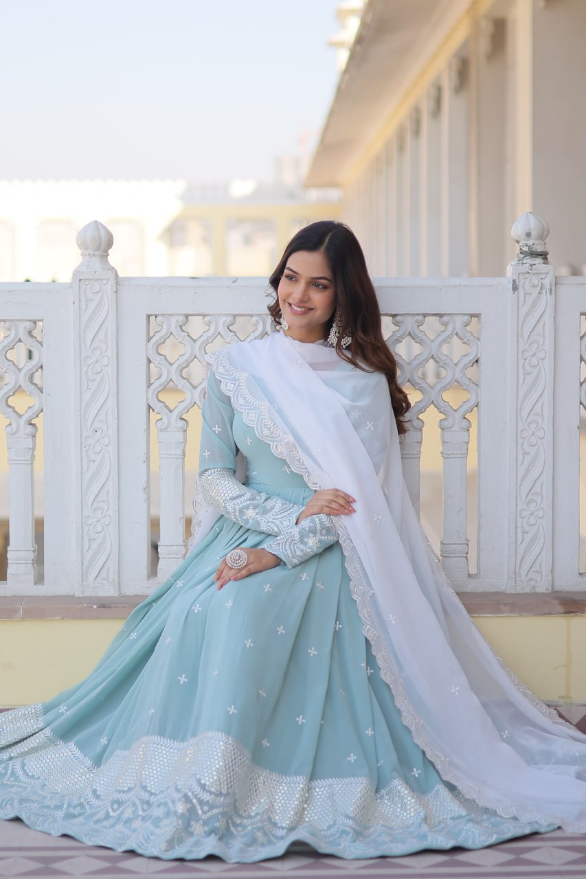 Cyan Luxe Thread & Sequins Embroidered Designer Gown with Russian Silk Dupatta ClothsVilla