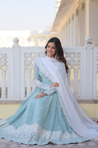 Cyan Luxe Thread & Sequins Embroidered Designer Gown with Russian Silk Dupatta ClothsVilla