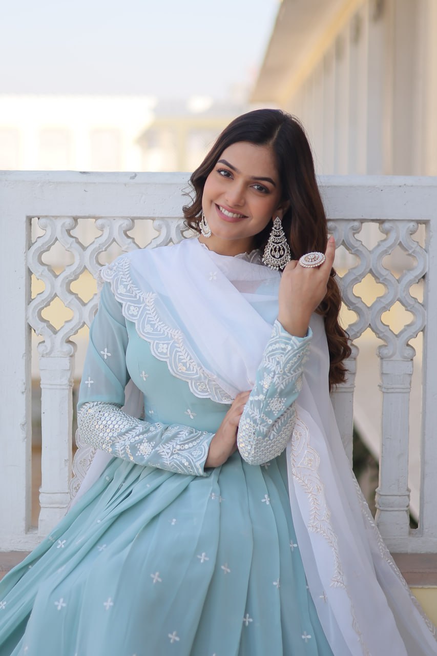Cyan Luxe Thread & Sequins Embroidered Designer Gown with Russian Silk Dupatta ClothsVilla