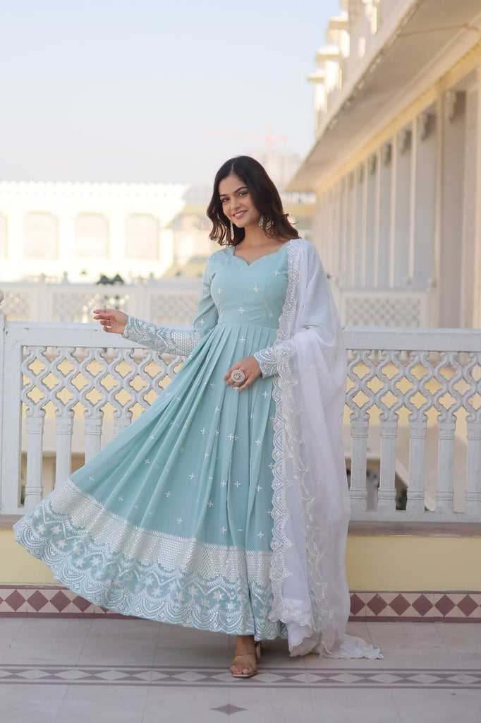 Cyan Luxe Thread & Sequins Embroidered Designer Gown with Russian Silk Dupatta ClothsVilla