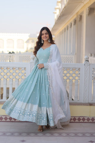 Cyan Luxe Thread & Sequins Embroidered Designer Gown with Russian Silk Dupatta ClothsVilla