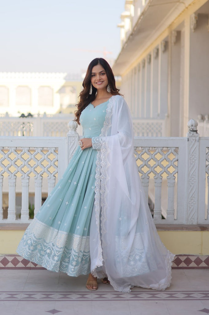 Cyan Luxe Thread & Sequins Embroidered Designer Gown with Russian Silk Dupatta ClothsVilla