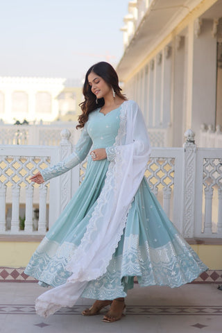 Cyan Luxe Thread & Sequins Embroidered Designer Gown with Russian Silk Dupatta ClothsVilla